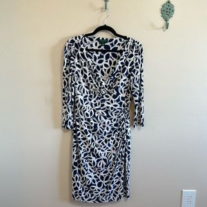 Ralph Lauren, Blue + White Faux Wrap Dress, S